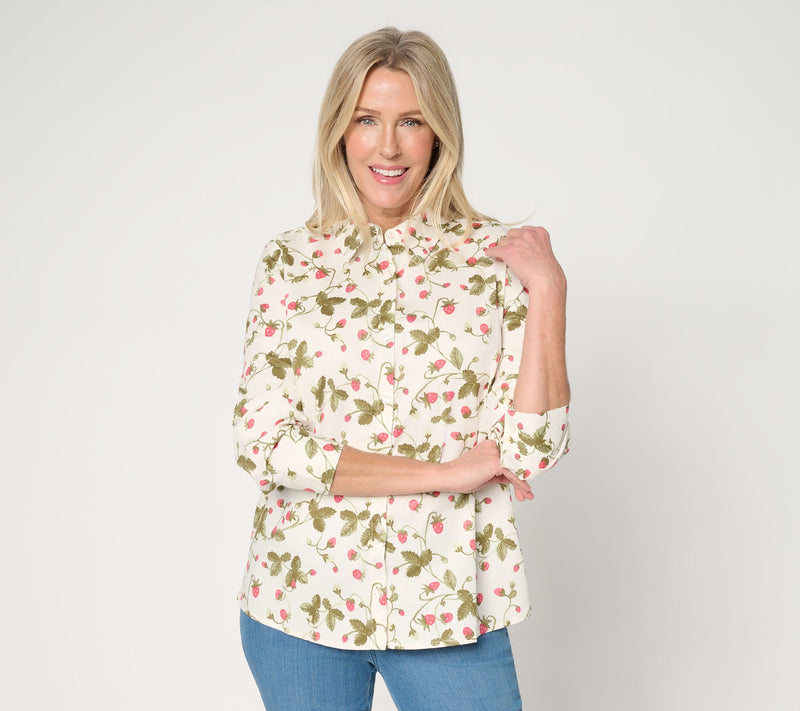 Denim & Co. Printed Button Front Long Sleeve Poplin Top — View 11