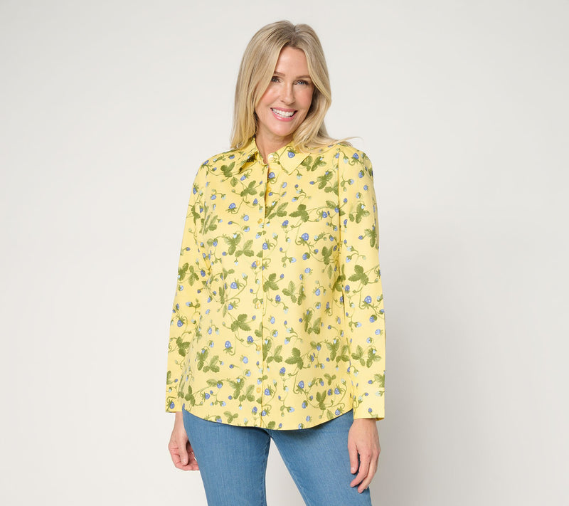 Denim & Co. Printed Button Front Long Sleeve Poplin Top — Main view