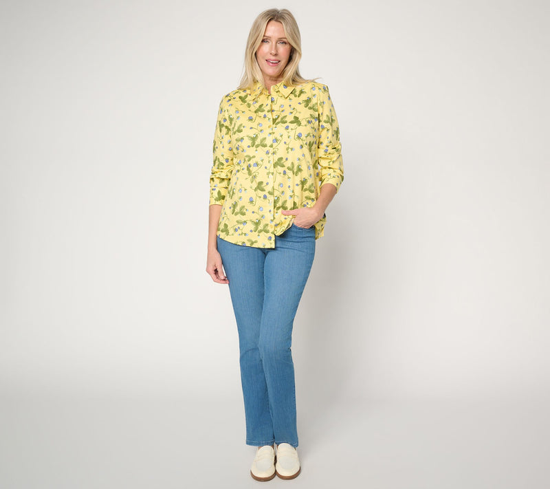 Denim & Co. Printed Button Front Long Sleeve Poplin Top — View 5