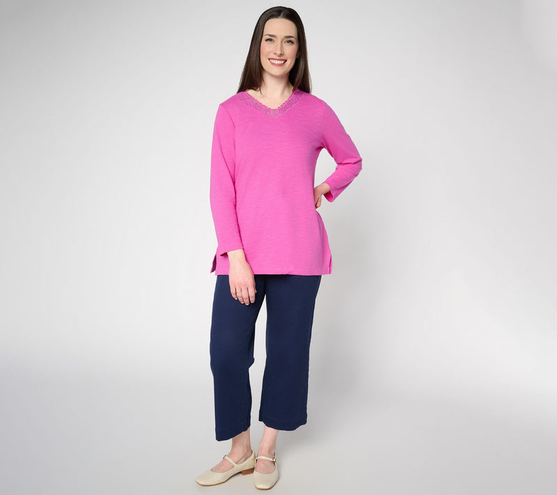 Denim & Co. Petite Textured Cotton Bracelet Sleeve V-Neck Tunic — View 11