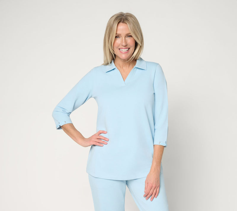 Denim & Co. Active French Terry Collared Top w/ Sleeve Detail — Main view