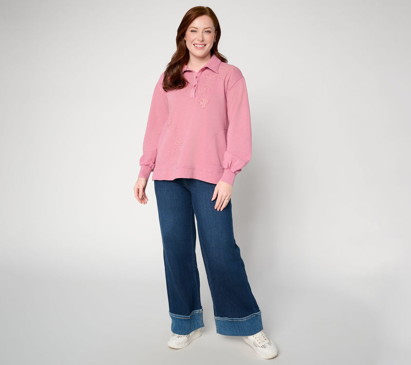 LOGO Lavish by Lori Goldstein Embroidered Polo Sweatshirt — View 5