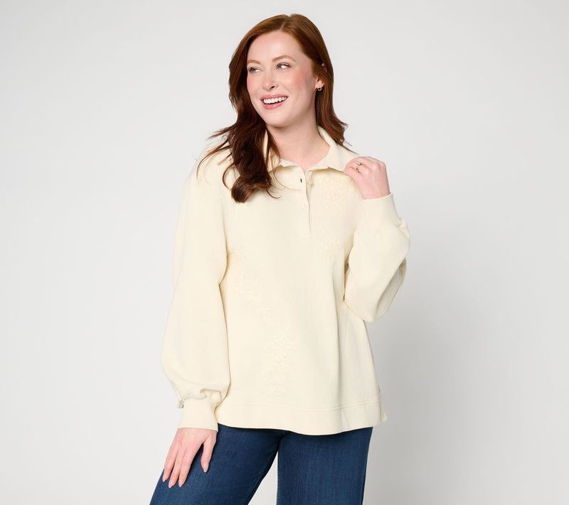 LOGO Lavish by Lori Goldstein Embroidered Polo Sweatshirt — View 10