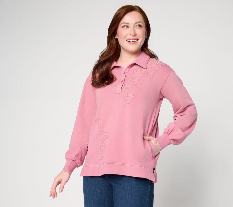 LOGO Lavish by Lori Goldstein Embroidered Polo Sweatshirt — View 11
