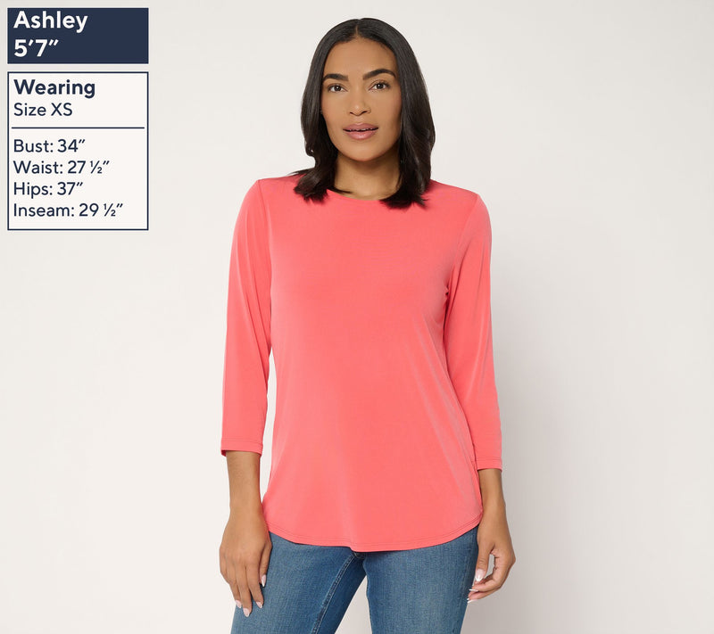 Susan Graver Essentials Liquid Knit Crew -Neck 3/4-Sleeve Top — View 2