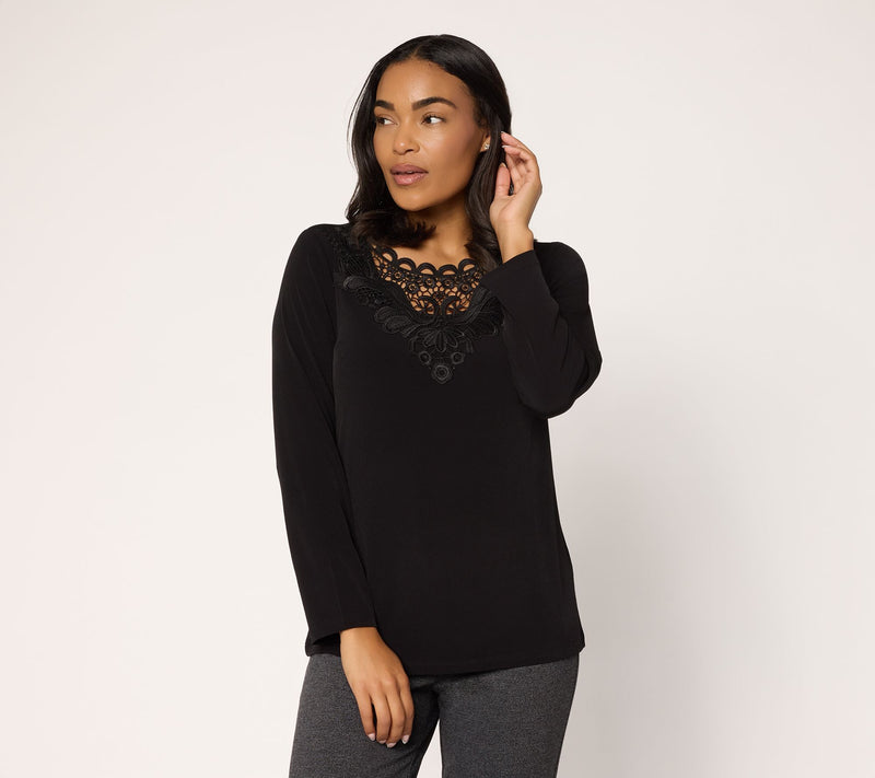 Susan Graver Liquid Knit Bracelet Sleeve Top w/ Crochet Lace Detail — View 11