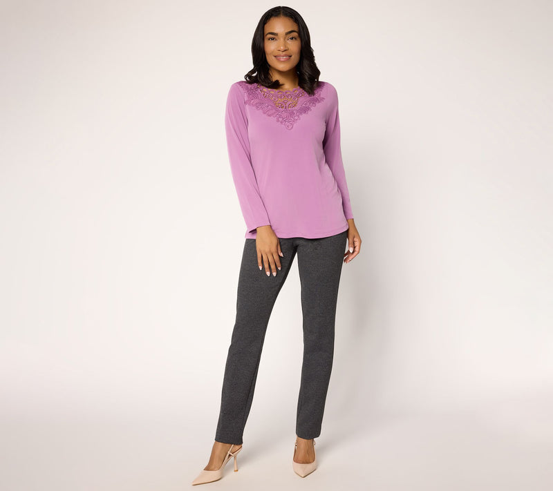 Susan Graver Liquid Knit Bracelet Sleeve Top w/ Crochet Lace Detail — View 5