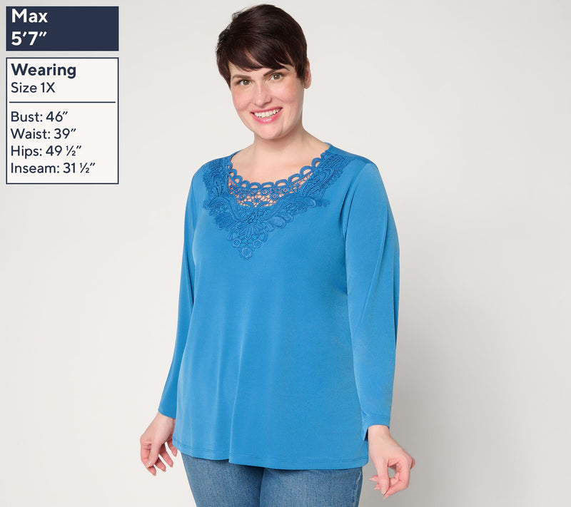 Susan Graver Liquid Knit Bracelet Sleeve Top w/ Crochet Lace Detail — View 2