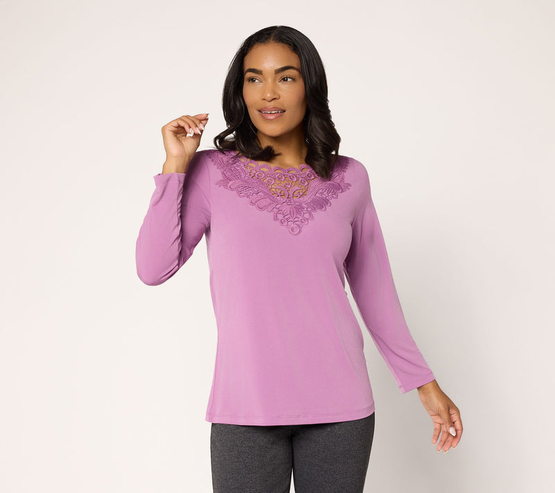 Susan Graver Liquid Knit Bracelet Sleeve Top w/ Crochet Lace Detail — View 13