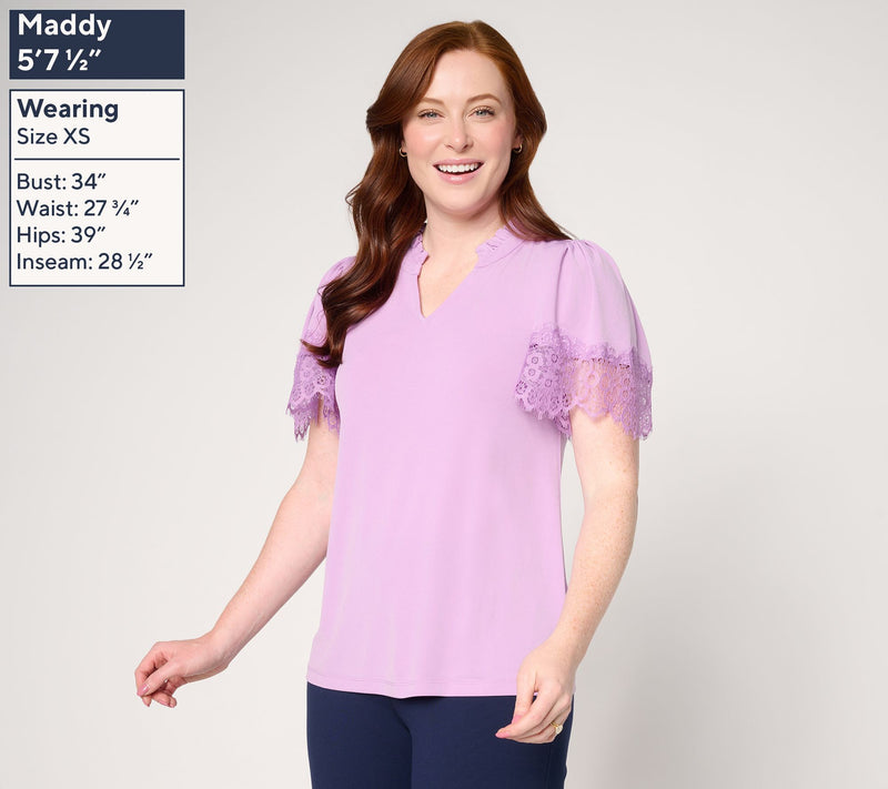 Susan Graver Liquid Knit Split-Neck Top with Lace Detail — View 3