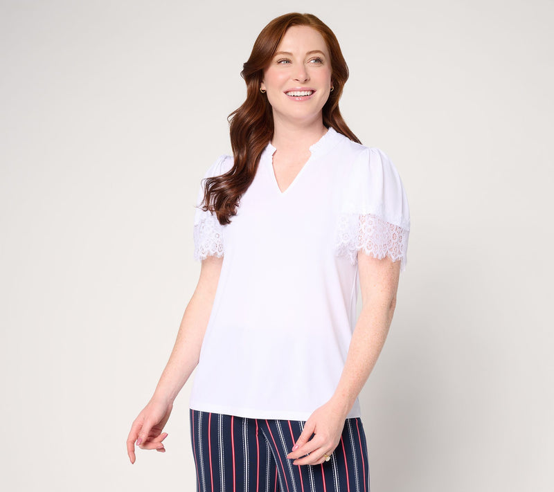 Susan Graver Liquid Knit Split-Neck Top with Lace Detail — View 10