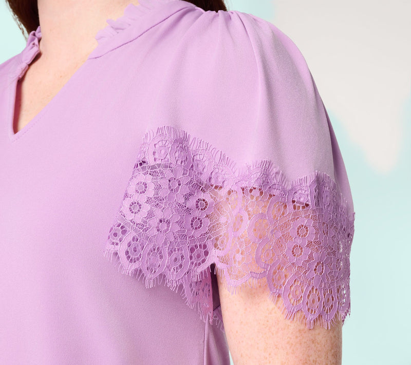 Susan Graver Liquid Knit Split-Neck Top with Lace Detail — View 6