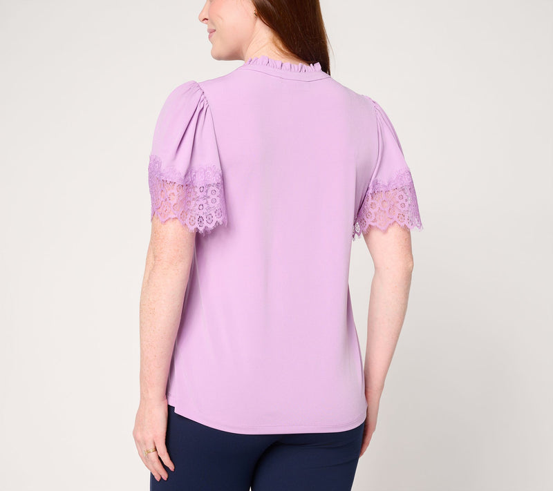 Susan Graver Liquid Knit Split-Neck Top with Lace Detail — View 4