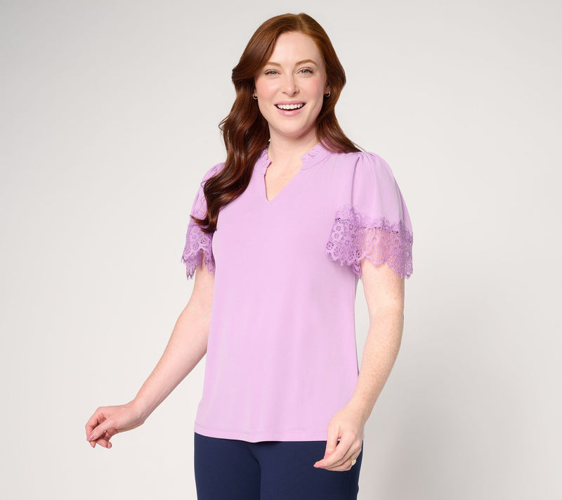 Susan Graver Liquid Knit Split-Neck Top with Lace Detail — View 12