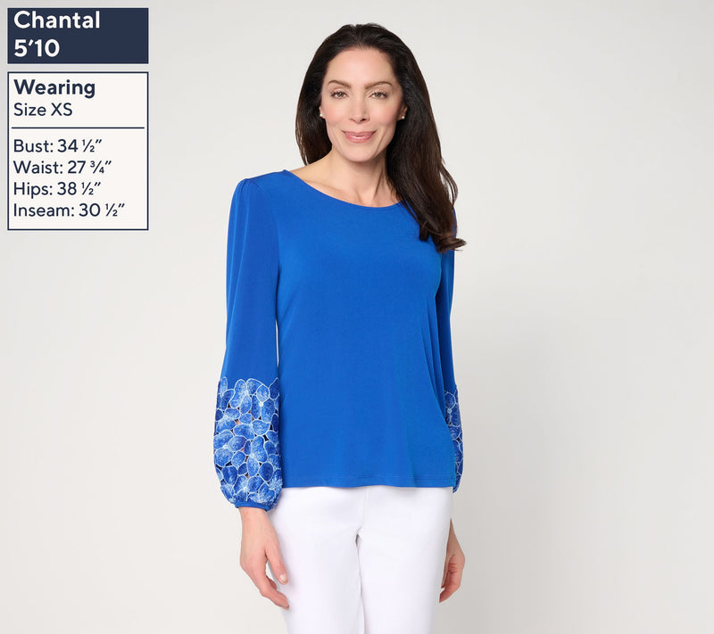Susan Graver Liquid Knit Scoop-Neck Lace Sleeve Top — View 3
