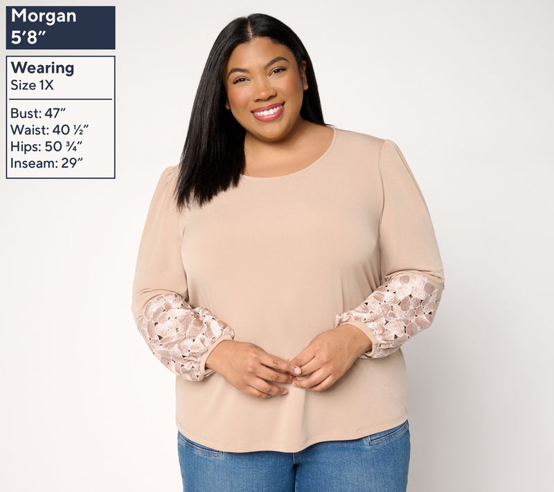 Susan Graver Liquid Knit Scoop-Neck Lace Sleeve Top — View 2