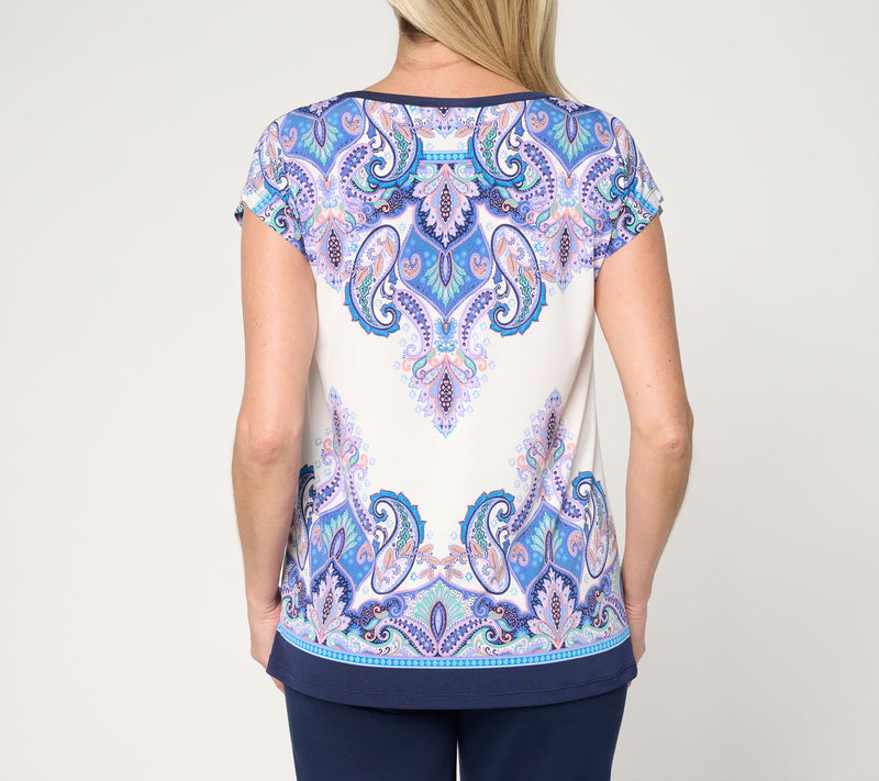 Susan Graver Printed Liquid Knit Scoop Neck Cap Sleeve Top — View 4