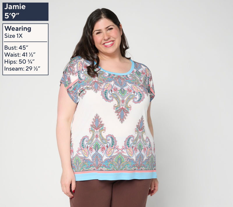 Susan Graver Printed Liquid Knit Scoop Neck Cap Sleeve Top — View 2