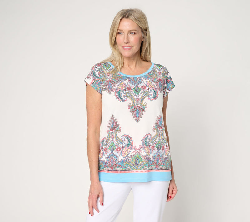 Susan Graver Printed Liquid Knit Scoop Neck Cap Sleeve Top — View 11