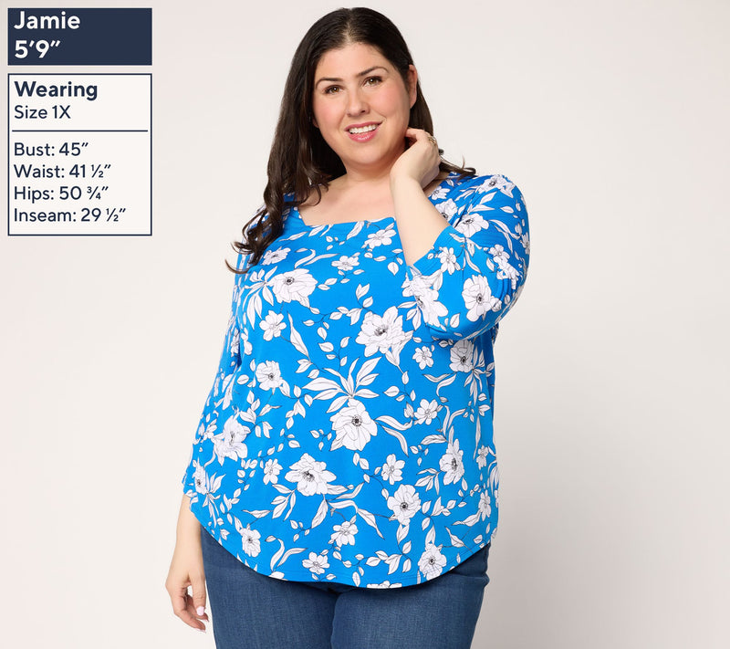 Susan Graver Printed Liquid Knit Square Neck Top w/Shirttail Hem — View 2