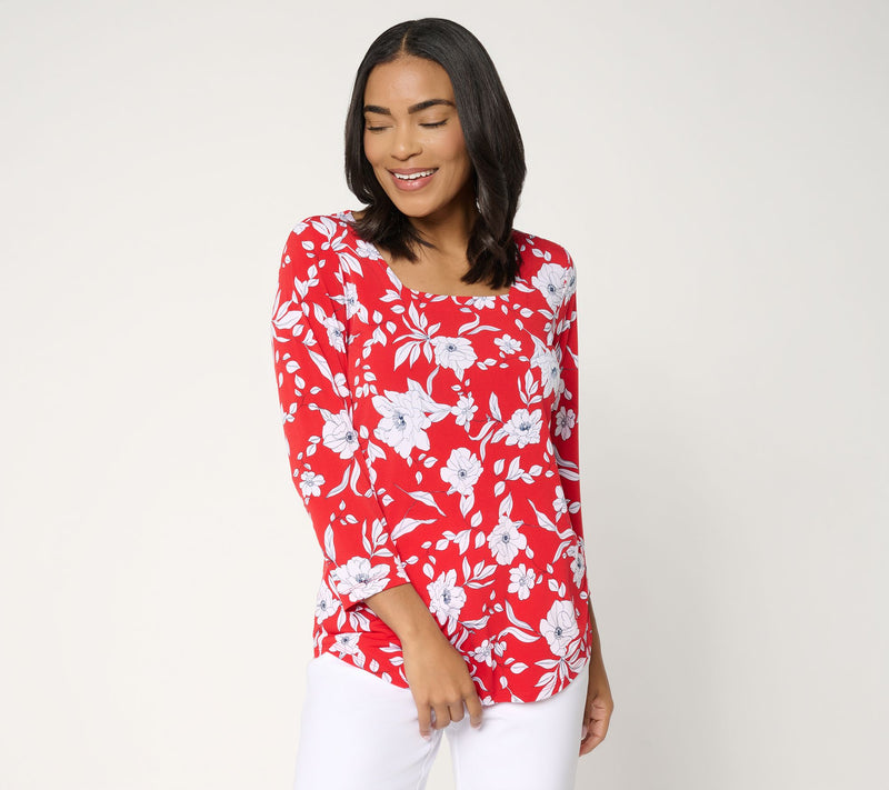Susan Graver Printed Liquid Knit Square Neck Top w/Shirttail Hem — View 12