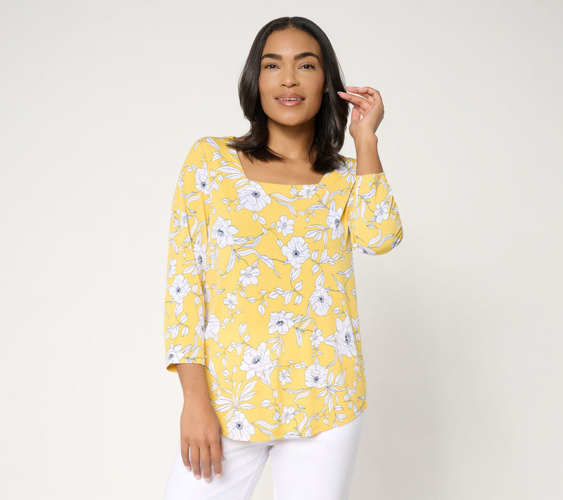 Susan Graver Printed Liquid Knit Square Neck Top w/Shirttail Hem — View 13