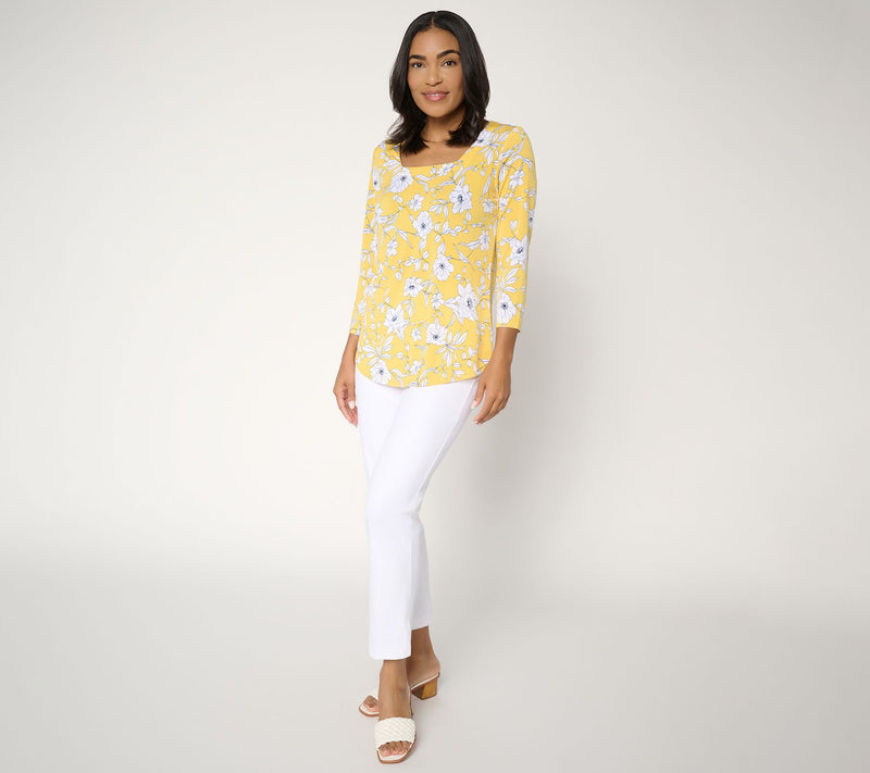 Susan Graver Printed Liquid Knit Square Neck Top w/Shirttail Hem — View 5