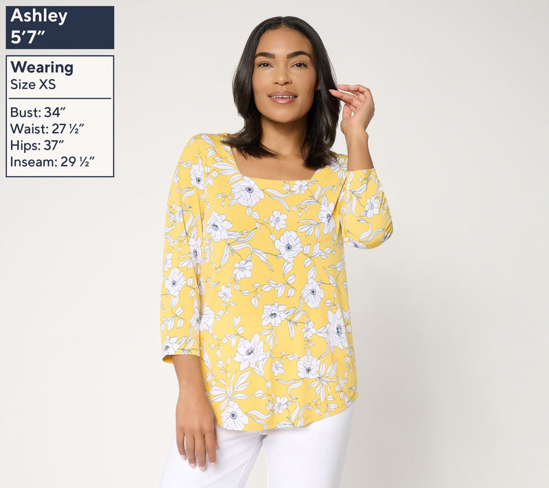 Susan Graver Printed Liquid Knit Square Neck Top w/Shirttail Hem — View 3