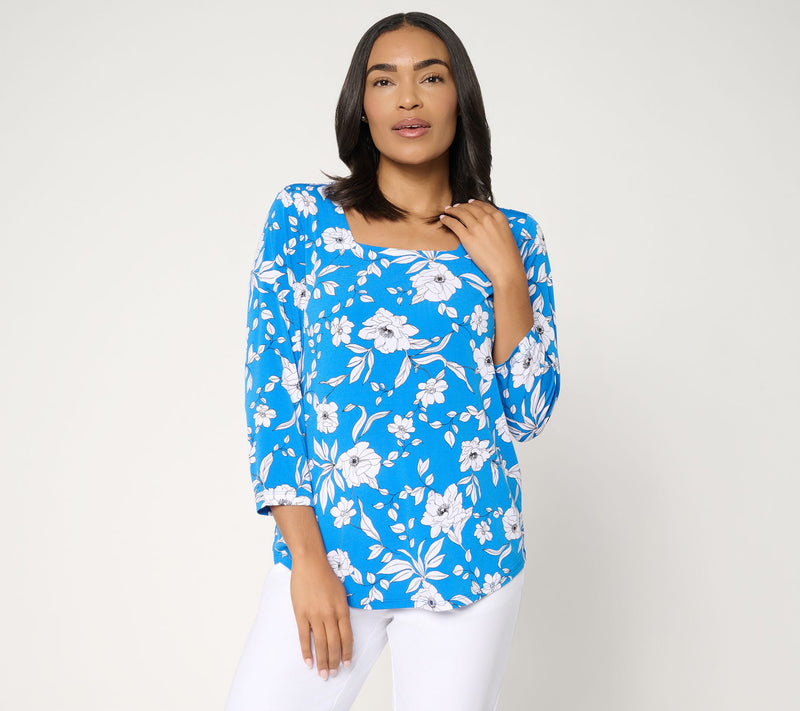 Susan Graver Printed Liquid Knit Square Neck Top w/Shirttail Hem — View 14