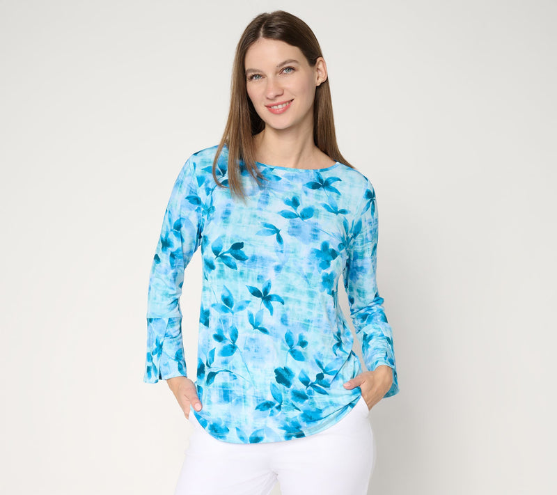 Susan Graver Printed Liquid Knit Bell-Sleeve Top — View 11