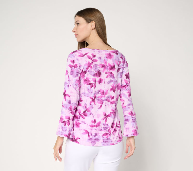 Susan Graver Printed Liquid Knit Bell-Sleeve Top — View 5