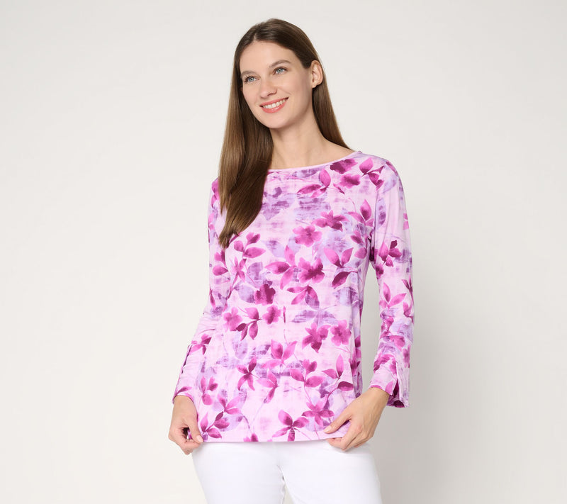 Susan Graver Printed Liquid Knit Bell-Sleeve Top — View 2