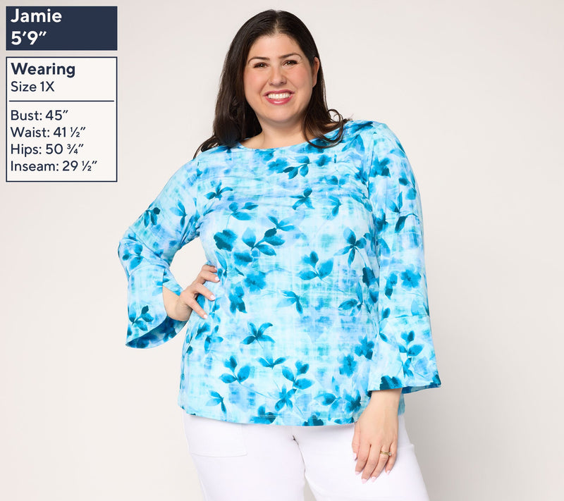Susan Graver Printed Liquid Knit Bell-Sleeve Top — View 3