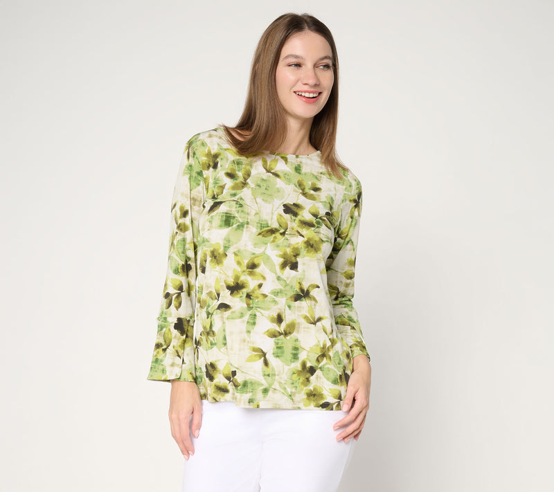 Susan Graver Printed Liquid Knit Bell-Sleeve Top — View 14