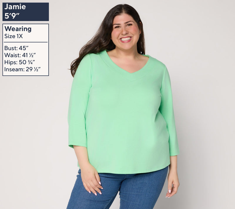 Susan Graver Essentials Comfy Cotton V-Neck 3/4-Sleeve Top — View 2