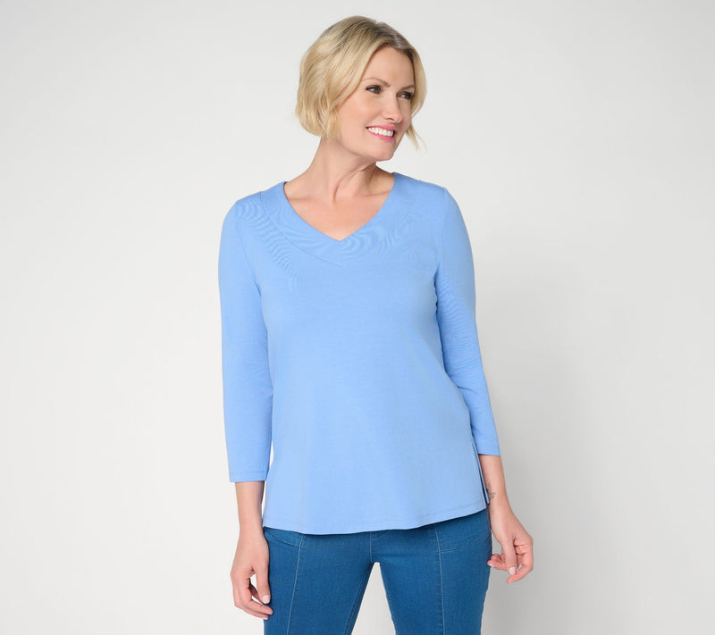 Susan Graver Essentials Comfy Cotton V-Neck 3/4-Sleeve Top — View 14