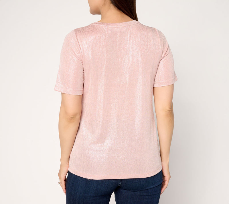 Susan Graver Metallic Knit Short-Sleeve Crew Neck Top — View 4