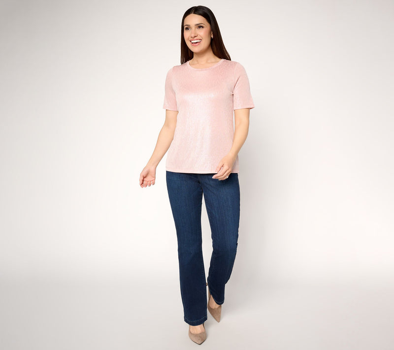 Susan Graver Metallic Knit Short-Sleeve Crew Neck Top — View 5