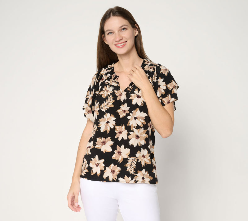 Susan Graver Printed Rayon Woven Ruffled Neckline Short Sleeve Top — View 12