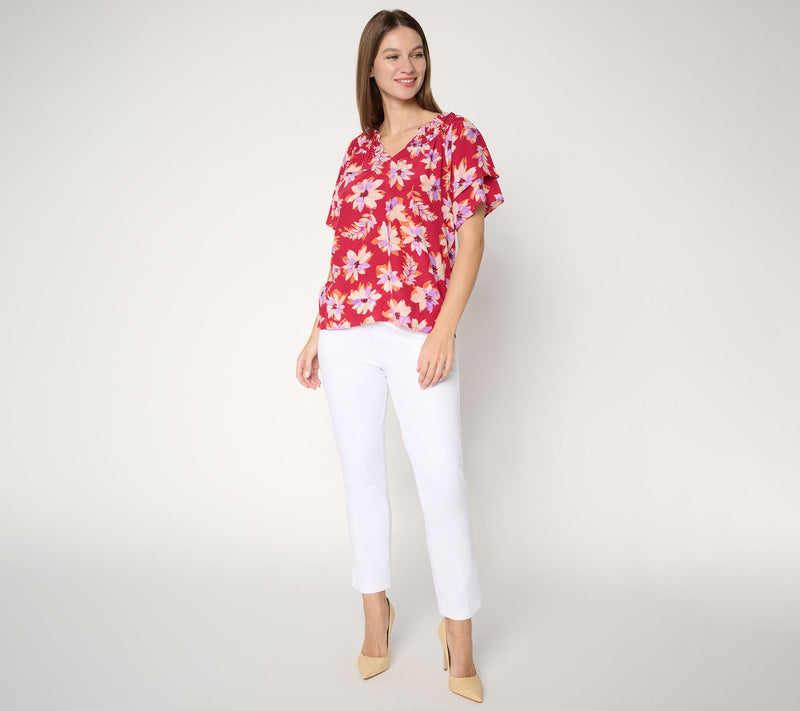 Susan Graver Printed Rayon Woven Ruffled Neckline Short Sleeve Top — View 9
