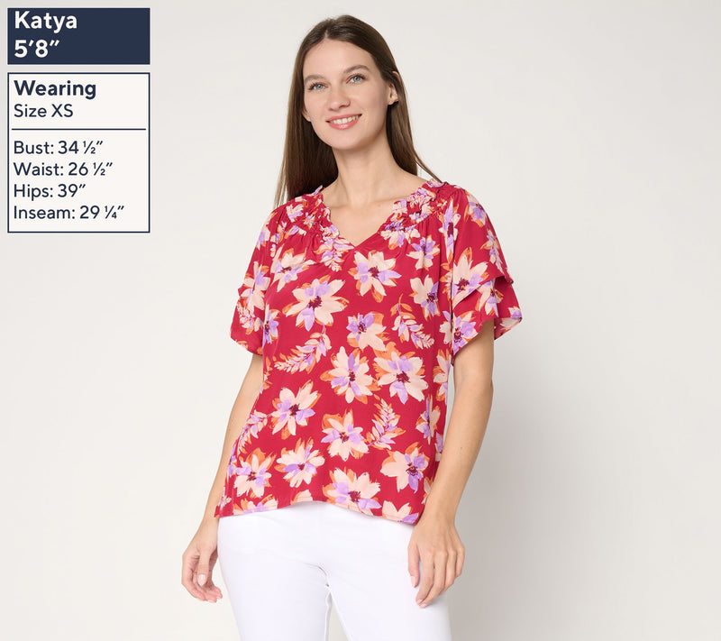 Susan Graver Printed Rayon Woven Ruffled Neckline Short Sleeve Top — View 7