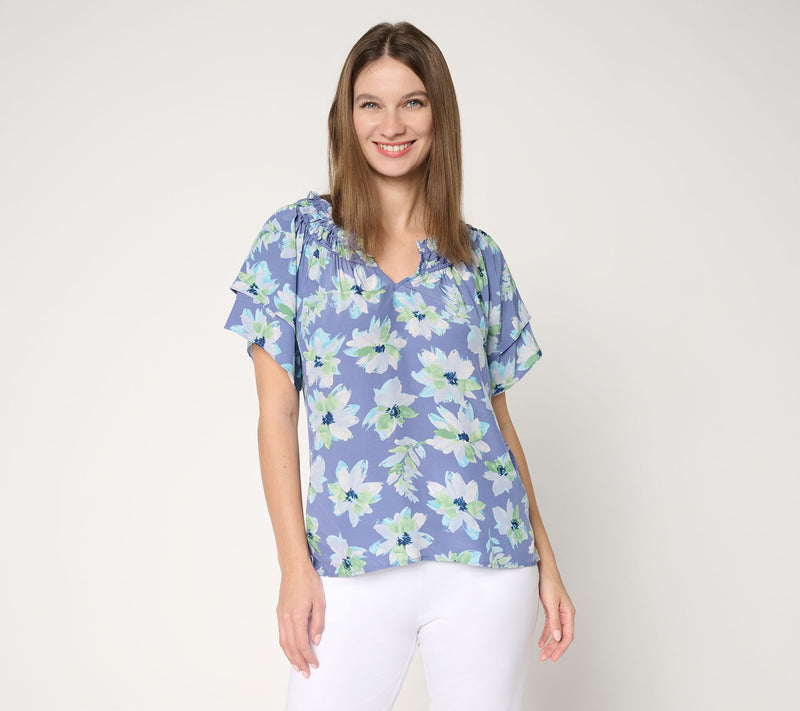 Susan Graver Printed Rayon Woven Ruffled Neckline Short Sleeve Top — View 4