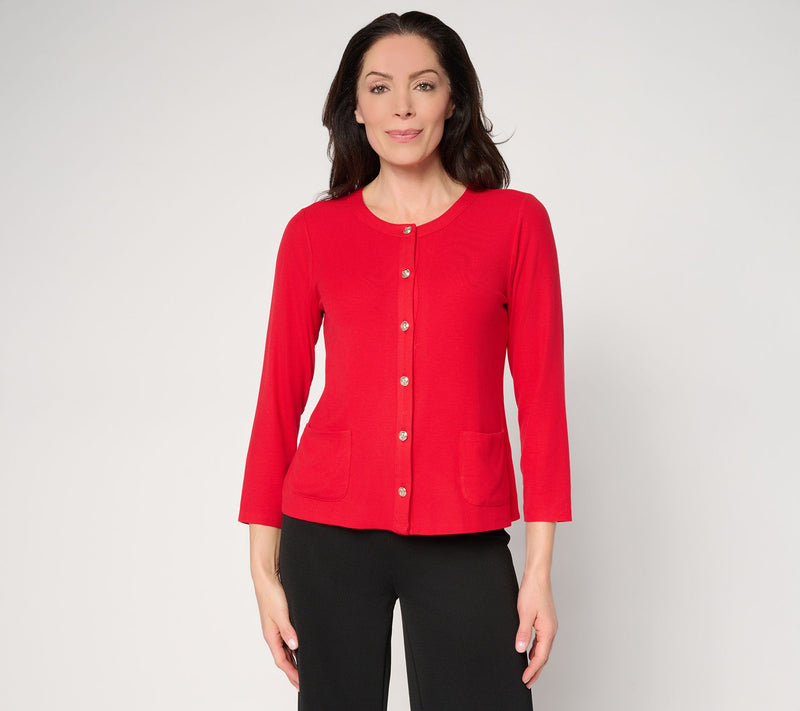Susan Graver Rib Knit 3/4 Sleeve Button Front Cardigan — Main view