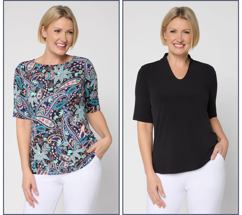 Susan Graver Regular Set of Print & Solid Liquid Knit Tops — View 5