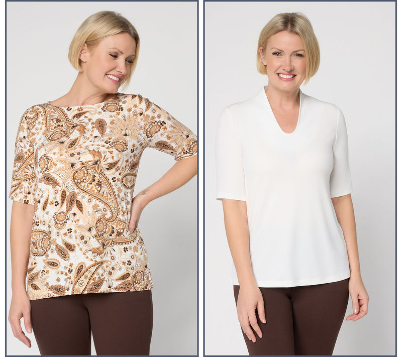 Susan Graver Regular Set of Print & Solid Liquid Knit Tops — View 7