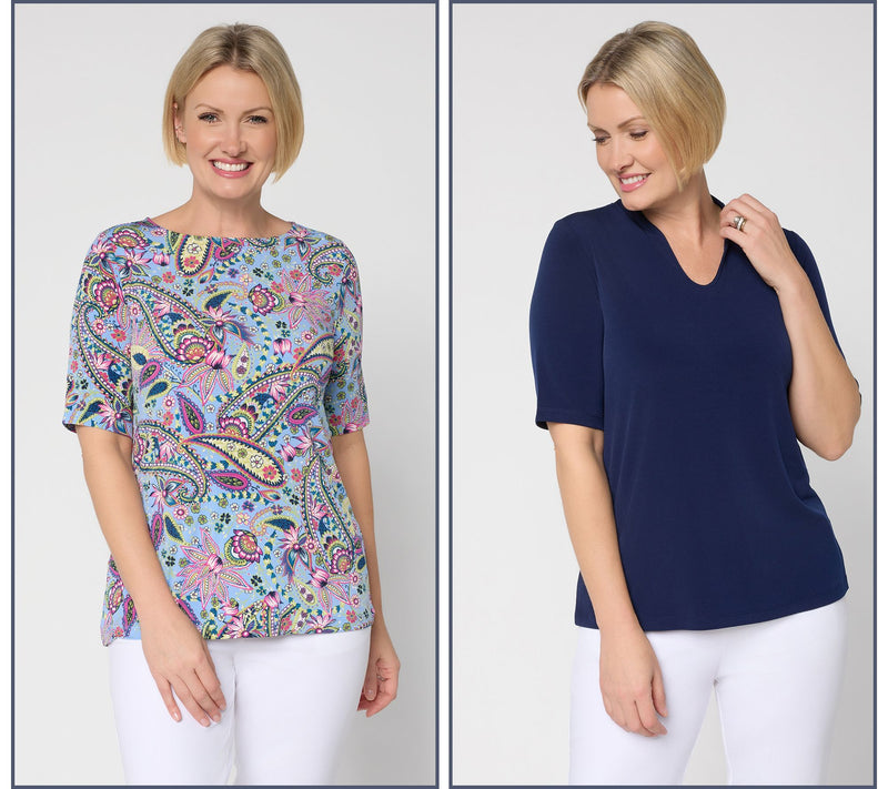 Susan Graver Regular Set of Print & Solid Liquid Knit Tops — View 9
