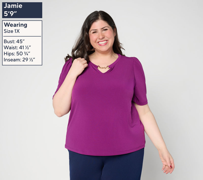 Susan Graver Liquid Knit Print & Solid Set of 2 Tops w/ Keyhole Trim — View 8