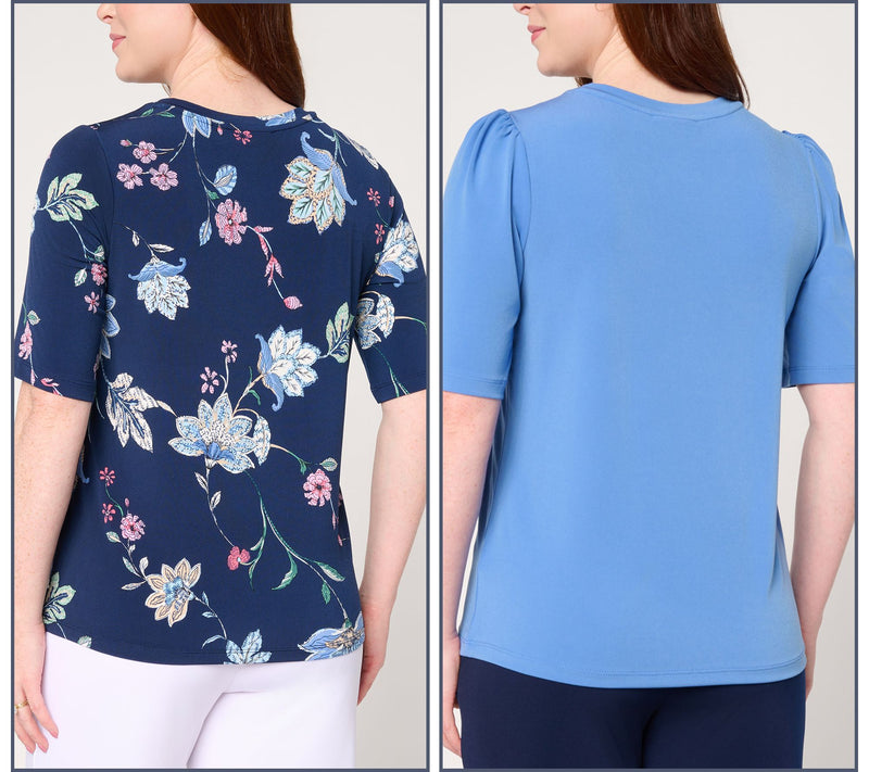 Susan Graver Liquid Knit Print & Solid Set of 2 Tops w/ Keyhole Trim — View 10