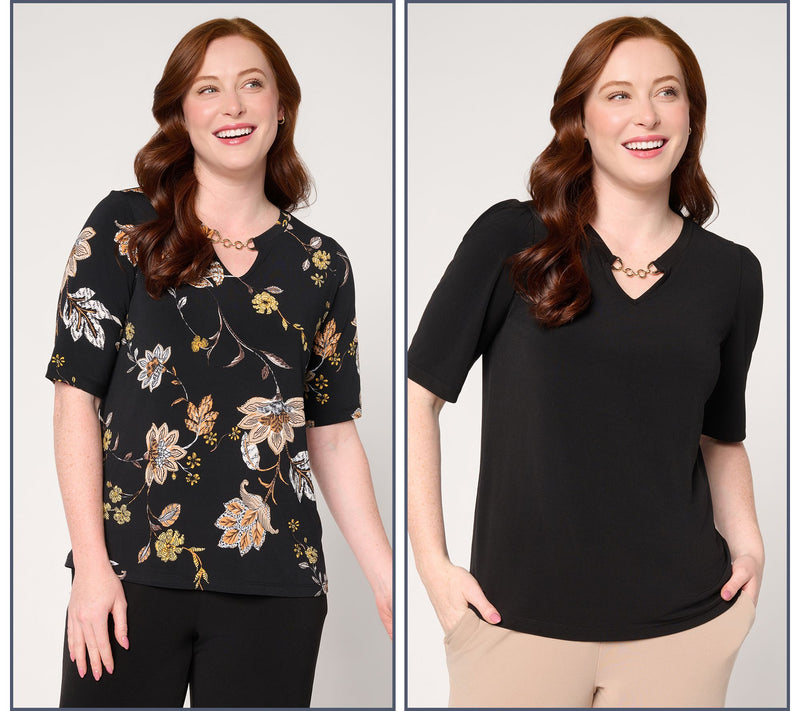 Susan Graver Liquid Knit Print & Solid Set of 2 Tops w/ Keyhole Trim — View 3