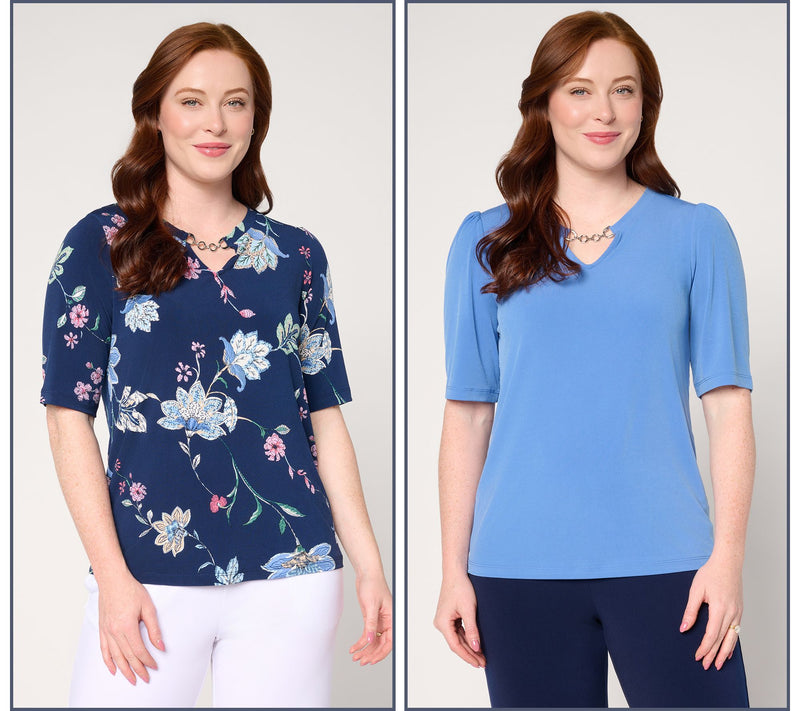 Susan Graver Liquid Knit Print & Solid Set of 2 Tops w/ Keyhole Trim — View 7